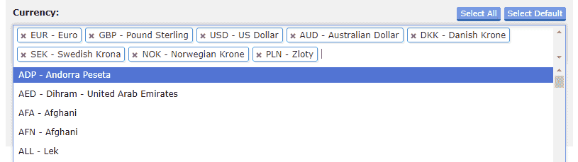 Choose from almost 200 currencies.